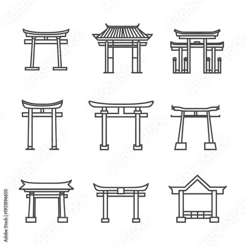 Nine Outline Illustrations of Traditional Japanese Torii Gates