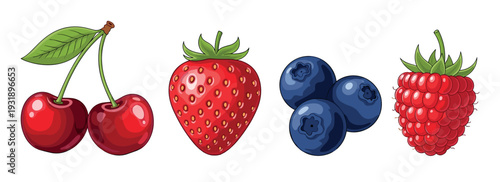 Collection of illustrated fresh berries including cherry, strawberry, blueberry, and raspberry in a vibrant cartoon style drawing, showing a healthy and sweet assortment of summer fruits