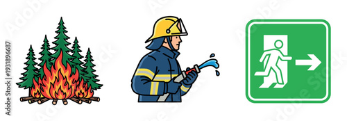 Three cartoon-style fire safety and emergency icons featuring a burning forest, a firefighter extinguishing a blaze, and a green evacuation route sign for public guidance