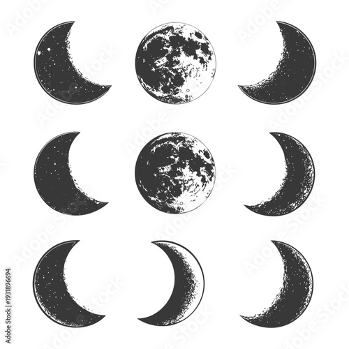 Nine Phases of the Moon in Grayscale Illustration