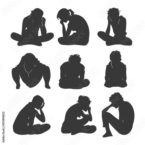 Nine Silhouettes of People Sitting in Depressed Poses