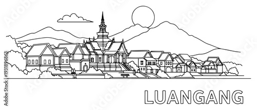 Minimalist line art skyline of Luangang with pagoda and mountain backdrop illustration