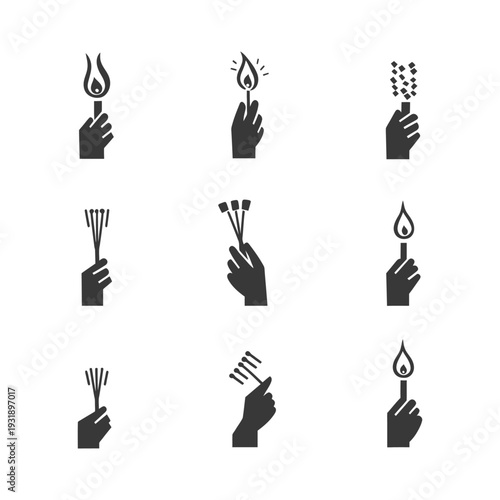 Nine Simple Icons of Hands Holding Matches and Sparklers
