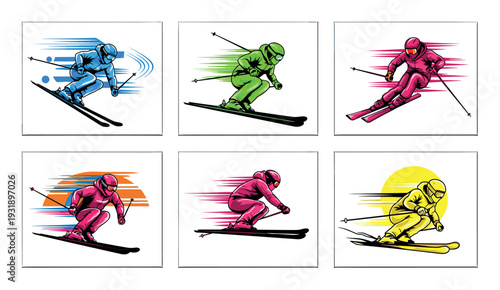 Set of six colorful vector illustrations depicting a downhill skier in a dynamic action pose, rendered in a bold graphic style with speed lines to show fast motion