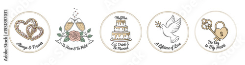 Set of five hand-drawn wedding icons featuring hearts, champagne, a cake, a dove, and a lock and key with romantic quotes for a marriage celebration or invitation