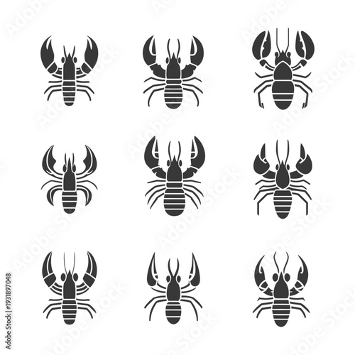 Nine Simple Black Silhouettes of Lobsters with Raised Claws
