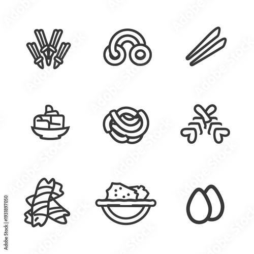 Nine Simple Line Drawings of Different Pasta Shapes