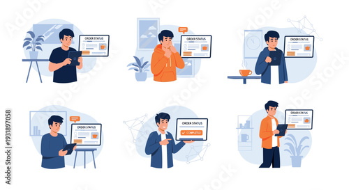 Set of flat vector illustrations showing a young man tracking his online shopping order status on a tablet, from processing through to the final completed delivery notice