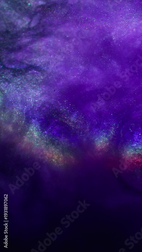 Vertical video. Glitter mix. Shiny fluid. Purple violet sparkling spreading on black background. Colorful neon rainbow light arch ink abstract blend blur water.