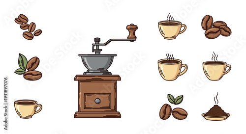 Set of coffee themed vector illustrations featuring a vintage manual grinder, roasted beans with leaves, steaming cups of hot espresso, and a pile of ground coffee powder