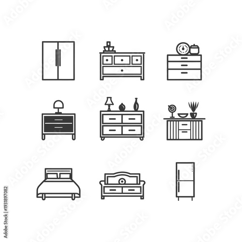 Nine Simple Line Drawings of Furniture Items