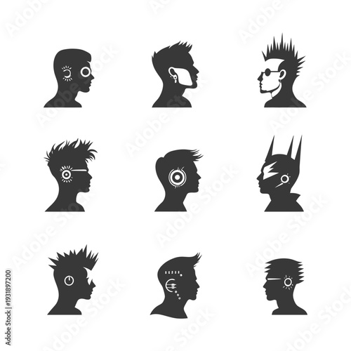 Nine Stylized Silhouettes of Male Heads with Various Hairstyles and Facial Features