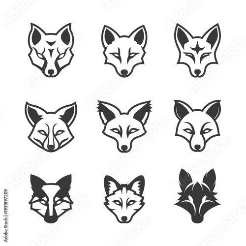 Nine Stylized Fox Head Illustrations in Black and White