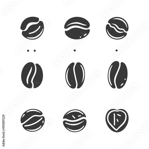 Nine Unique Coffee Bean Icons in Black and White