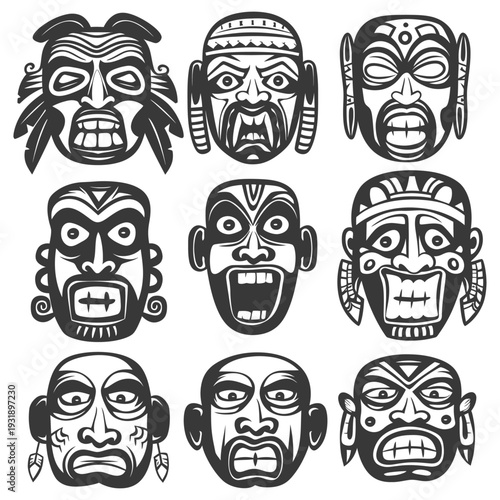 Nine Tribal Masks with Unique Designs and Expressions