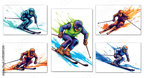 Set of five colorful skier illustrations showing athletes in dynamic action poses, rendered in a bold graphic novel style with energetic paint splash effects suggesting speed