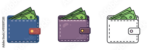 Three illustrated wallets filled with cash banknotes shown in a colorful flat design and a simple black and white outline style, representing finance, savings, and payment concepts