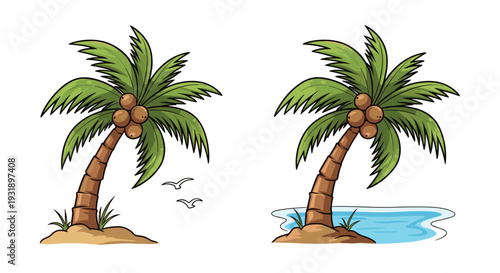 Two cartoon palm trees with coconuts on small sandy islands, one with birds and one in the water, depicted in a simple hand-drawn illustration style for a tropical vacation theme