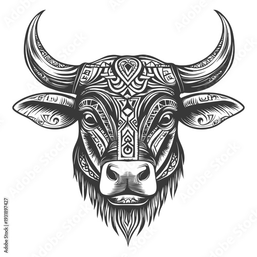 Ornamental Bull Head with Horns and Tribal Patterns