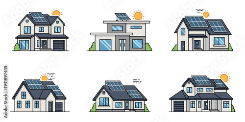 Set of six residential houses with solar panels on the roof for renewable energy, a collection of modern and traditional home illustrations with a sun icon for clean power