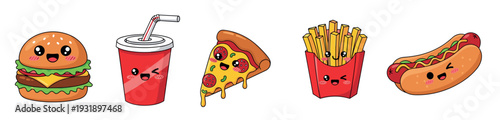 Cute kawaii fast food character set including a hamburger, soda, pizza, fries, and hot dog with happy smiling faces in a fun cartoon illustration style for a children's menu