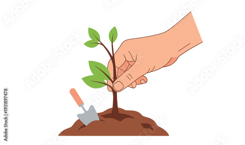 Person's hand gently planting a small green sapling into a mound of rich soil, with a garden trowel nearby, symbolizing growth and environmental care