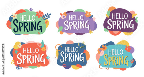 Collection of colorful Hello Spring lettering badges with floral and leaf decorations, a set of six vibrant, modern flat illustrations for seasonal greetings