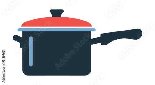 Dark blue cooking pot with a red lid and a long handle, depicted in a simple, flat vector illustration style for culinary and kitchen-themed designs