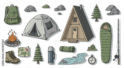 Set of hand-drawn camping equipment icons including a tent, cabin, backpack, and campfire in a colorful doodle illustration style for outdoor adventure themes