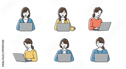 Collection of six smiling young women working or studying on laptop computers, presented as a character set in a simple, clean, and friendly line art illustration style