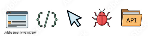 Set of colorful programming and development icons including a browser window, code brackets, cursor, bug, and API folder, representing software engineering and web design