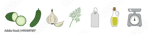 Set of food and kitchen illustrations showing ingredients for pickling cucumbers, including garlic, dill, oil, a blank tag, and a vintage analog scale in a clean line art style