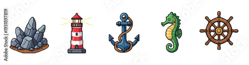 Vibrant collection of pixel art nautical elements, including a lighthouse, anchor, seahorse, ship's wheel, and rocks, rendered with a charming retro gaming aesthetic