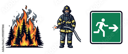 Set of three fire safety illustrations showing a burning forest, a firefighter in uniform with a hose, and a green emergency exit sign in a bold cartoon vector style