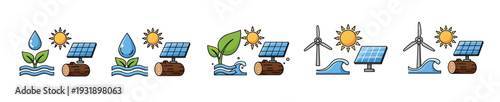 Set of colorful renewable energy icons with solar panels, wind turbines, water, and plants representing sustainable power sources in a cartoon doodle illustration style