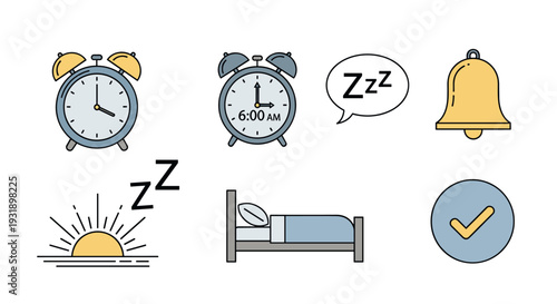 Colorful sleep and morning routine icon set with an alarm clock, bed, sunrise, and bell for illustrating daily schedule concepts in a minimalist flat vector style