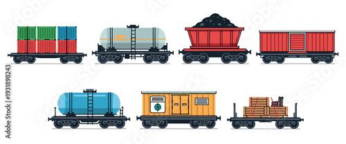 Collection of colorful cartoon freight train wagons shown in side view, featuring various types like container cars, tankers, hoppers, and boxcars for industrial shipping