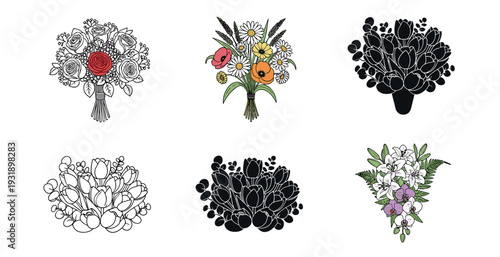Set of six diverse flower bouquets in various illustrative styles including line art, silhouette, and color, featuring roses, tulips, lilies, and wildflowers
