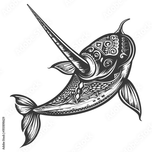 Ornate Black and White Illustration of a Swordfish