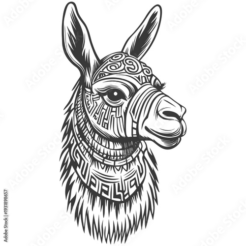 Ornate Black and White Llama Head Illustration