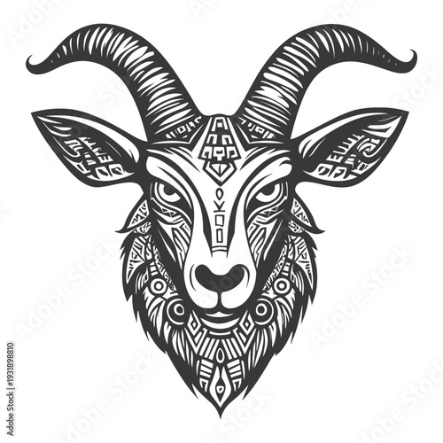 Ornate Black and White Tribal Goat Head Illustration