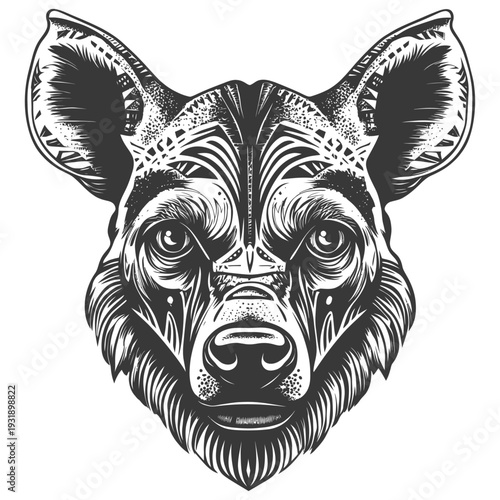 Ornate Black and White Wild Dog Head Illustration