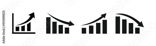 Growth and decline with simple bar charts Icon set and directional arrows. Vector illustration