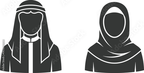 Middle Eastern attire silhouettes illustration vector cultural dress icons traditional clothing graphics, diversity design concept, black and white creative art collection