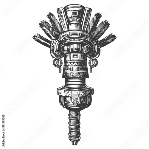 Ornate Carved Totem Pole with Feathers