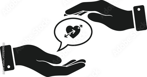 Hands Protecting Speech Bubble with Heart and Exchange Arrows Vector Icon for Empathy Training, Romantic Communication, Marriage Counseling, and Compassionate Customer Support Concepts