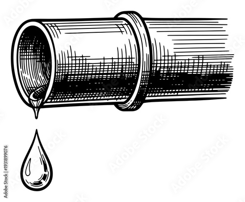 Vintage hand drawn engraving of a leaking metal pipe with a water drop falling down