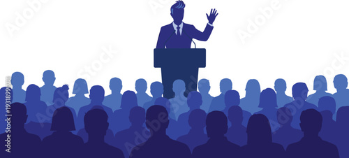 politician giving speech at podium to audience crowd, political campaign rally illustration, public speaking leadership concept, democracy election event