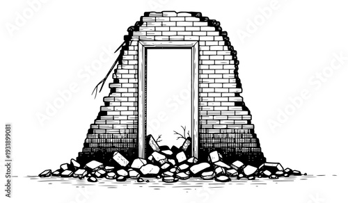 Ruined brick wall with an empty doorway and rubble on the ground in vintage hand drawn style