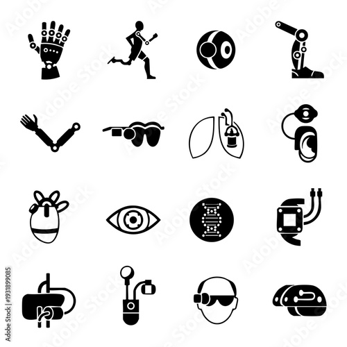 This image features a set of 16 black and white icons that represent various aspects of technology and innovation. The icons depict robotic limbs, virtual reality headsets, mechanical eyes, and other 